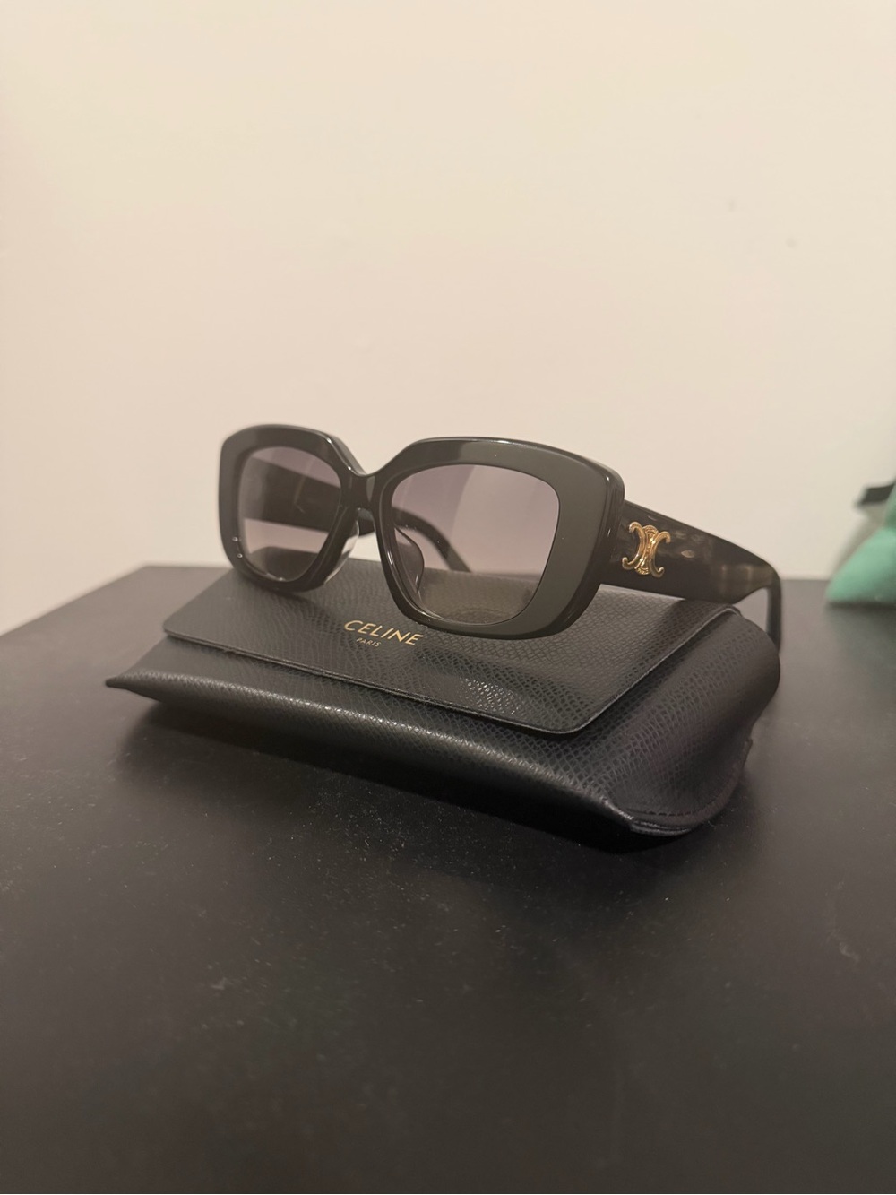 AUTHENTIC Celine Black Square Sunglasses with Gold Logo Accent